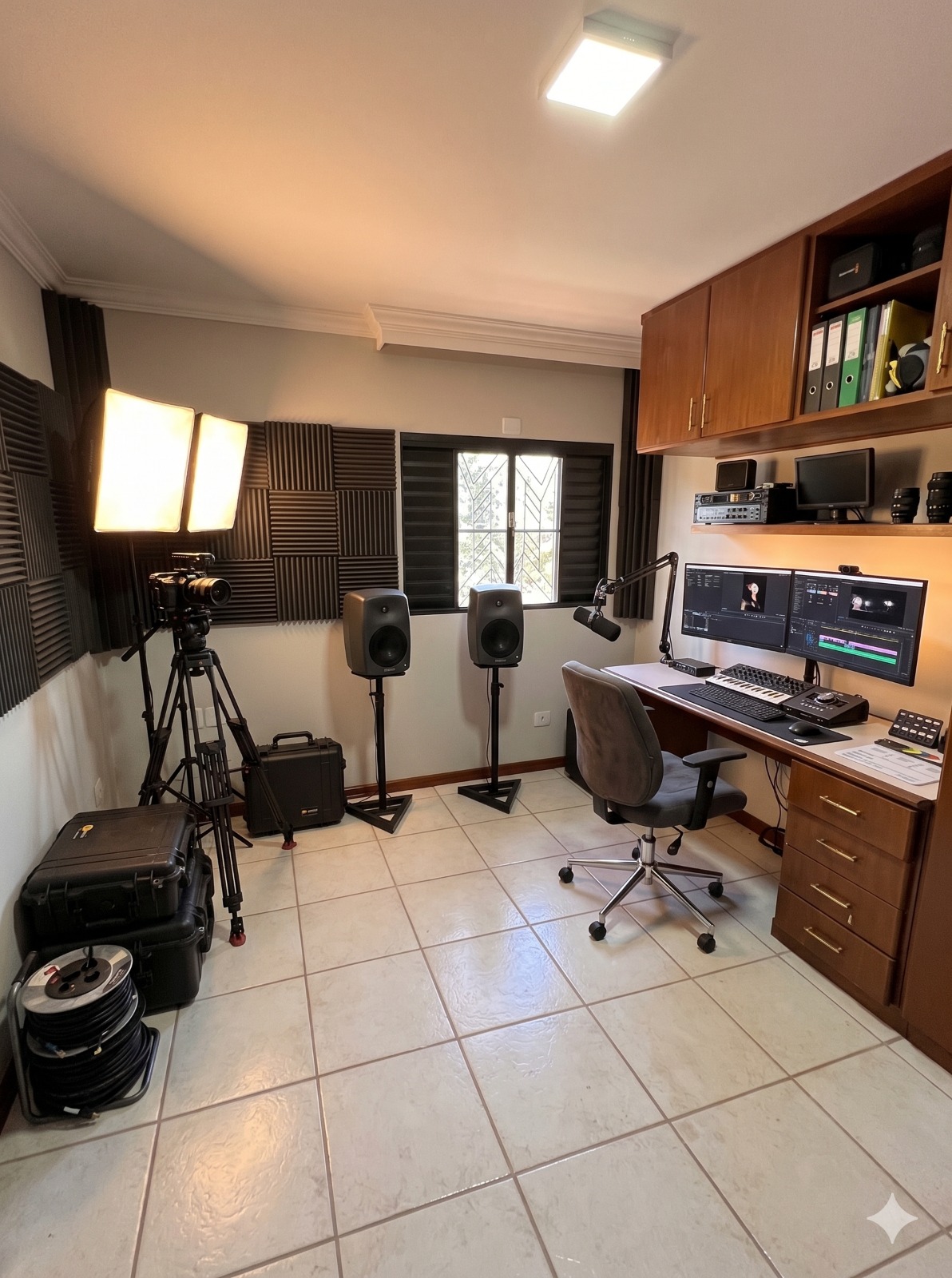Sala configurada como estúdio de vídeo e áudio